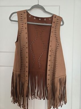 Sleeveless Fringe Open-Front Tunic Vest in Brown